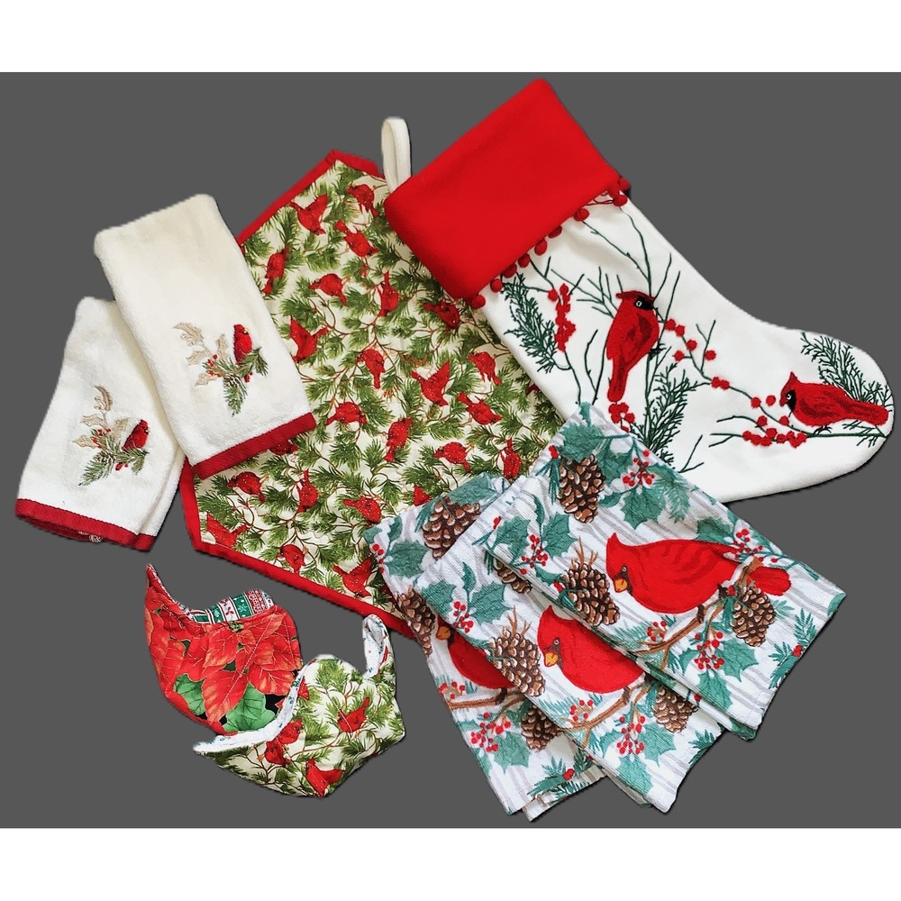Christmas CARDINAL 9pc Helper Lot Dish Towels Quilt Doily Bowl Caddies Stocking